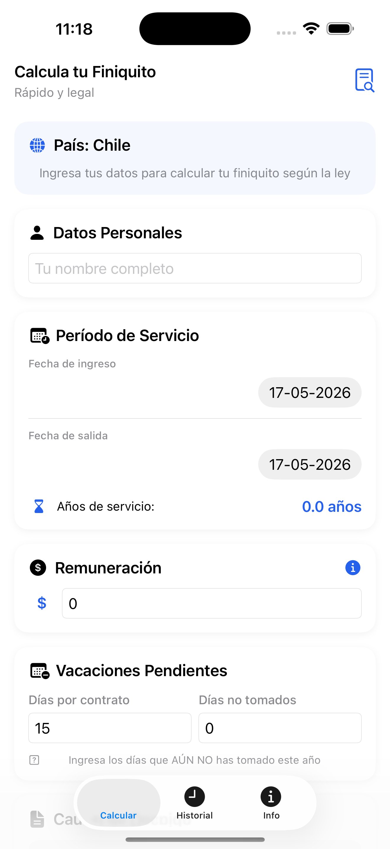 Pantalla calculadora de FiniquitoLatam