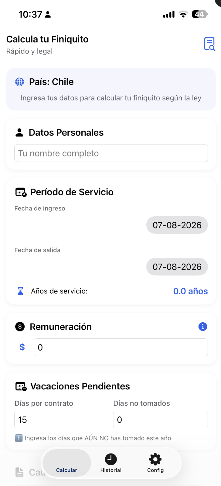 Pantalla calculadora de FiniquitoLatam
