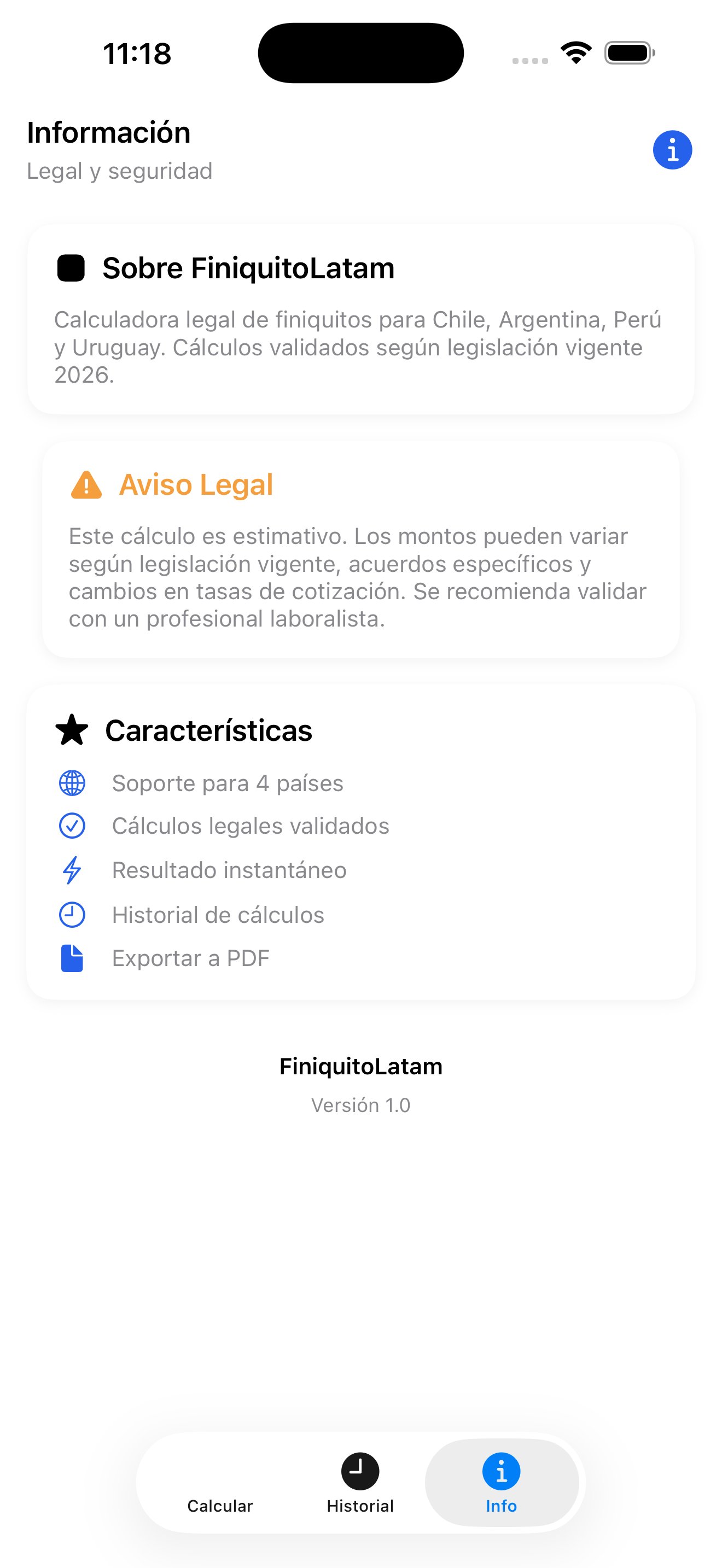 Pantalla informativa de FiniquitoLatam