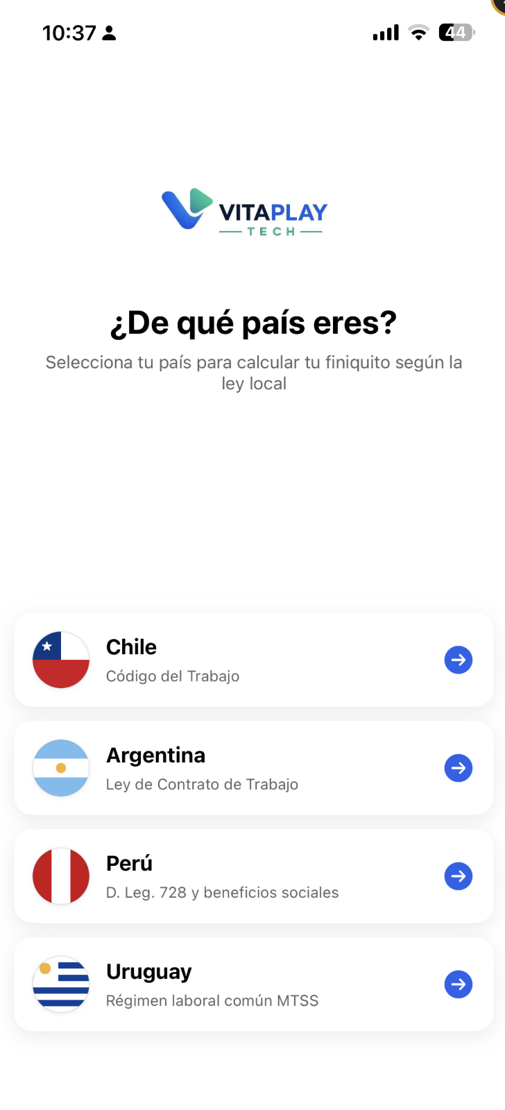 Pantalla de selección de país de FiniquitoLatam