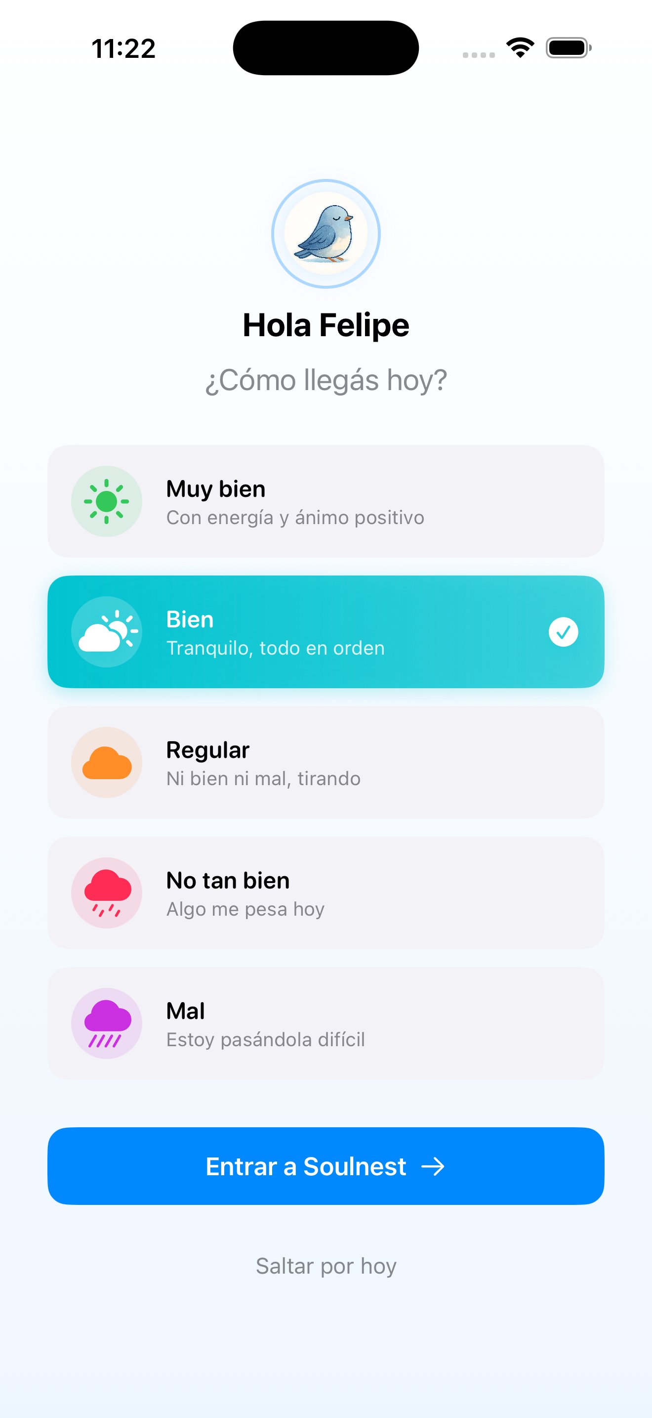 Pantalla check-in emocional de Soulnest