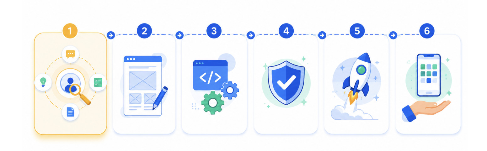Proceso de trabajo de VitaPlay Tech: análisis 360°, diseño, desarrollo, pruebas, lanzamiento y entrega al cliente