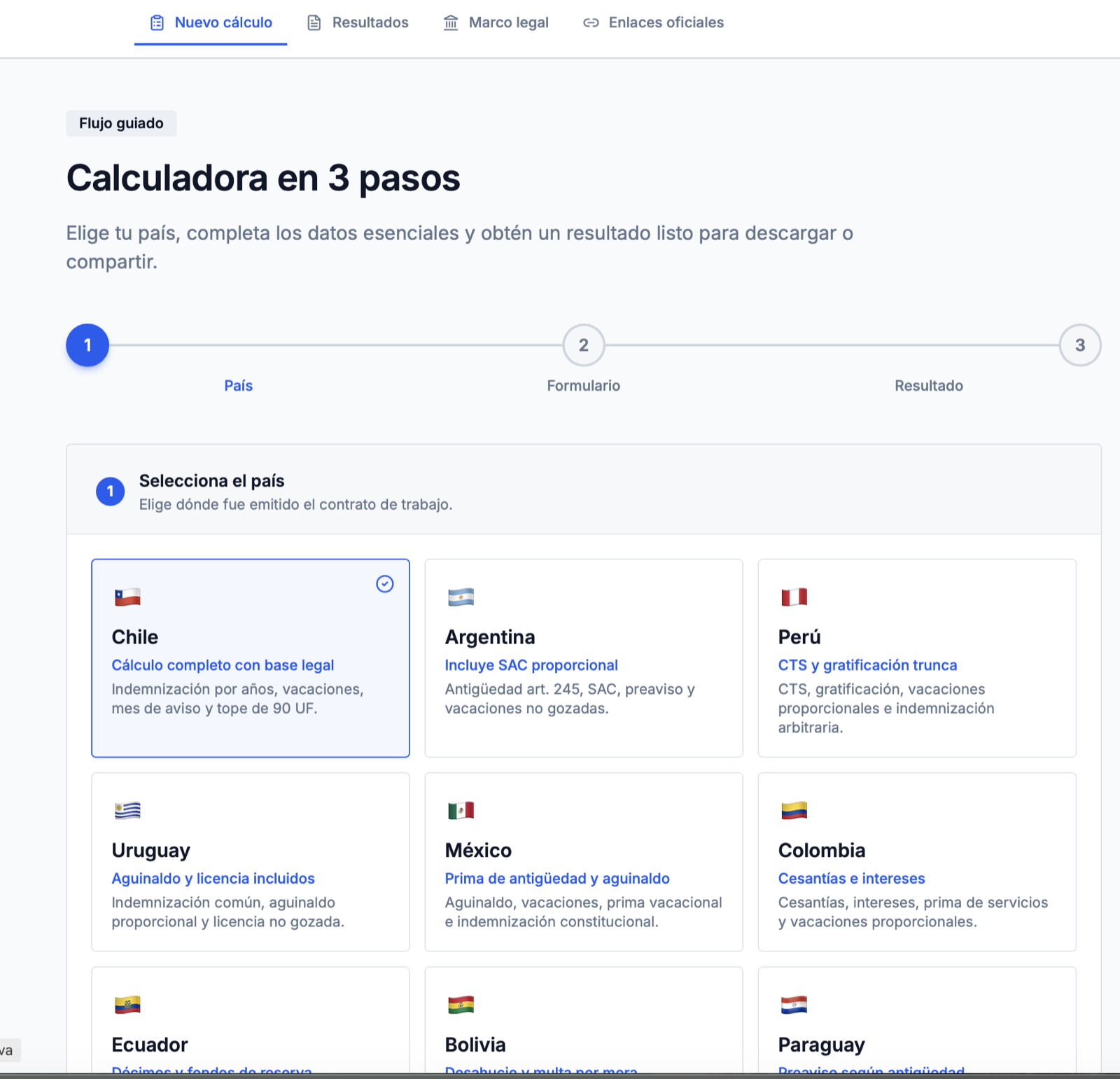 Calculadora en 3 pasos de Calcula tu Finiquito LATAM