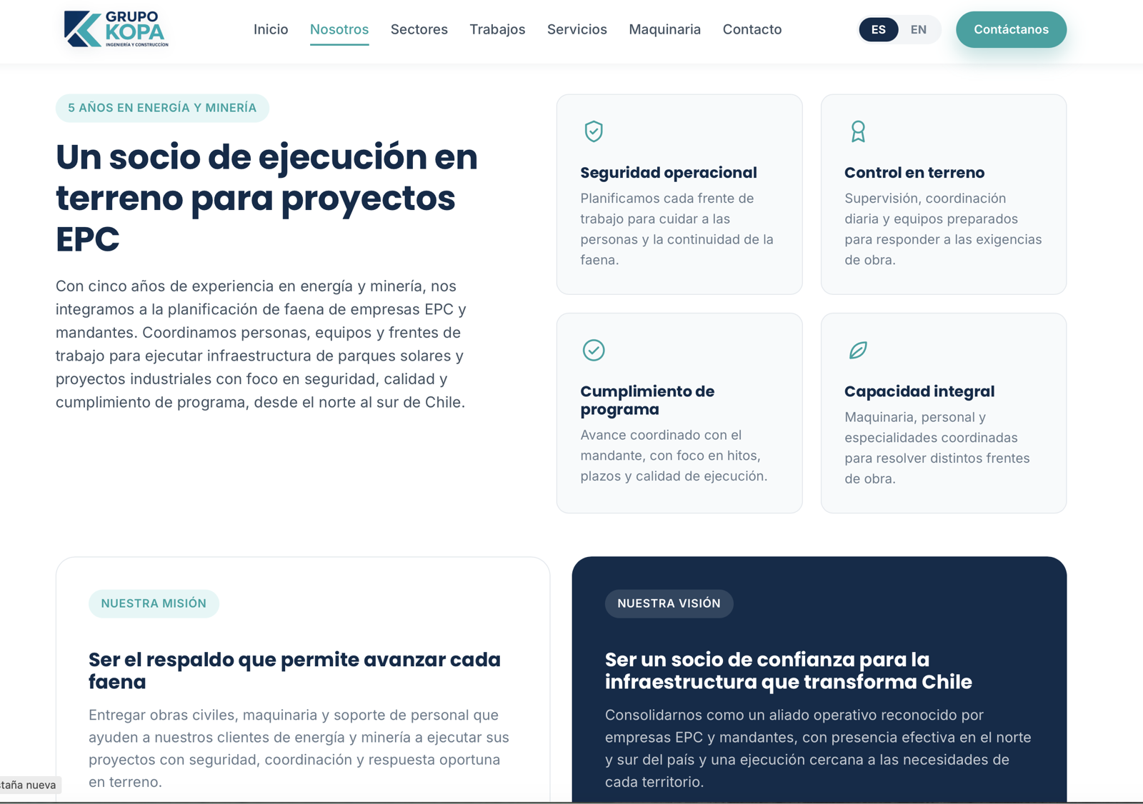 Página nosotros de Grupo Kopa